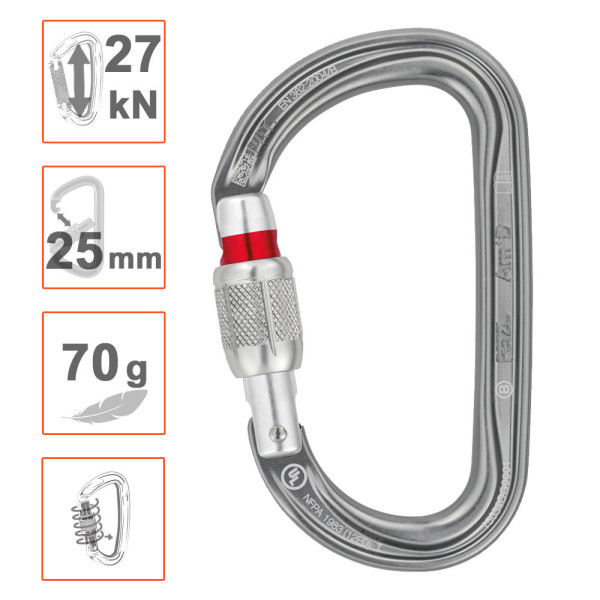 Mosquetón asimétrico AMD Screw Lock marca Petzl. Garantía 3 años