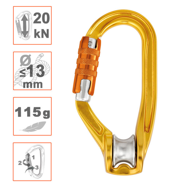 Mosquetón automático ROLLCLIP con polea integrada y cierre triple
