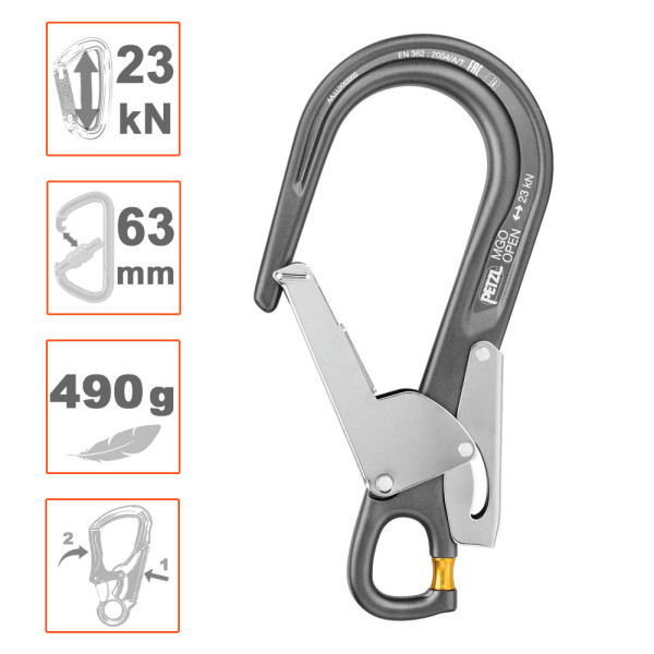 Gancho aluminio MGO OPEN. Apertura 63mm. Homologado EN362. Petzl