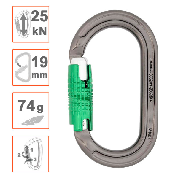 Mosquetón de aluminio ULTRA OVAL con cierre automático triple