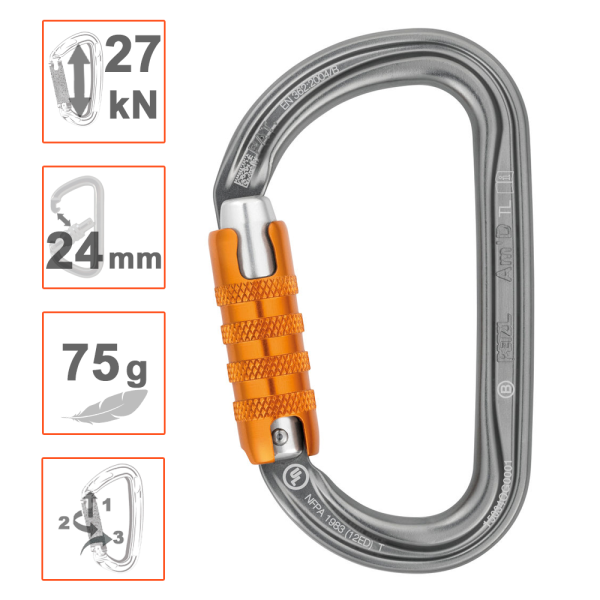 Mosquetón asimétrico AMD Triact Lock marca Petzl. Garantía 3 años