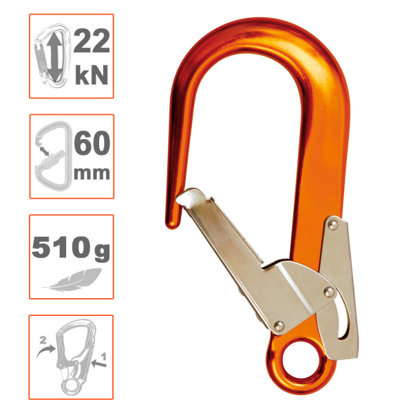 Gancho de seguridad con apertura 60mm. Aluminio. Homologado EN362