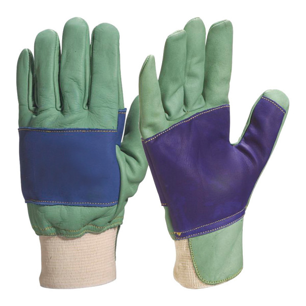 Guantes piel verde cuero vacuno para jardineria. Repelan el agua.