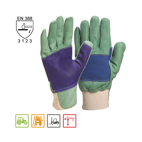 Guantes piel verde cuero vacuno para jardineria. Repelan el agua.