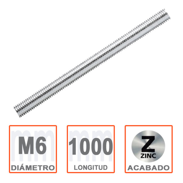 Varilla roscada M6 de acero zincado. Longitud 1000mm. Por unidad.