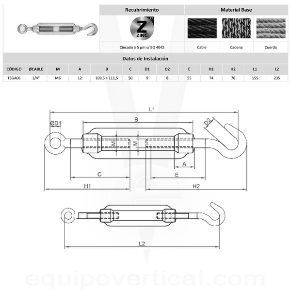 Tensor para cables M6 gancho y anilla material acero galvanizado