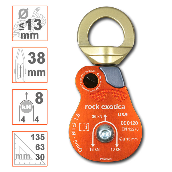 Polea con eslabón giratorio Omni 1.5 Rock Exotica. Roldana 38mm