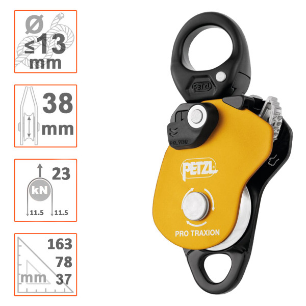 Polea PRO TRAXION Petzl con bloqueo para seguridad y suspensión