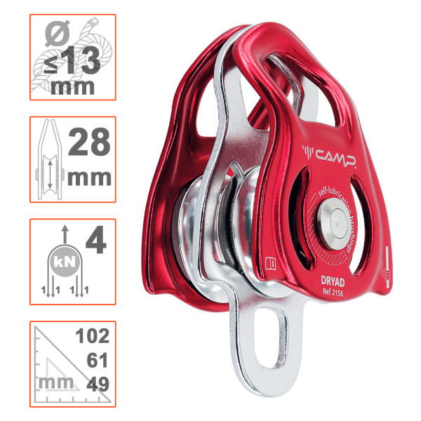 Polea doble DRYAD de Camp Safety, apta para nudo autobloqueante.